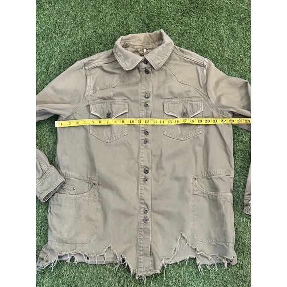Free People Moonchild Military Shacket Med Green Denim Shirt Jacket Distressed - Picture 14 of 16